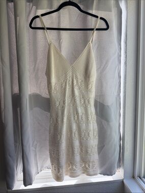 Cream Crochet Knit Spaghetti Strap Dress